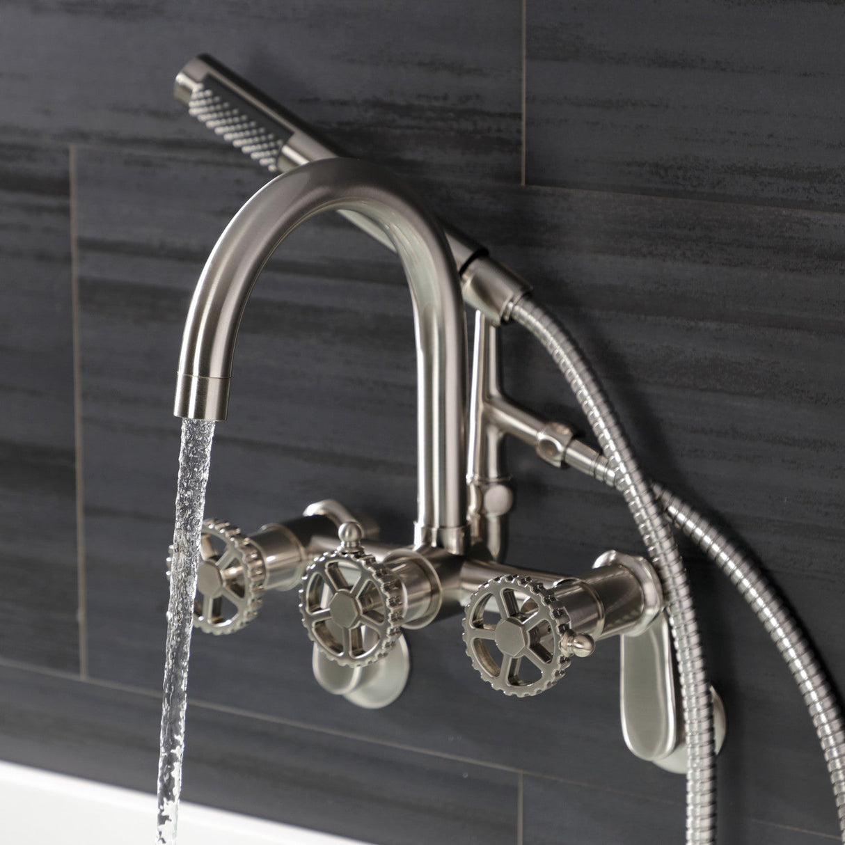 Fuller AE8158CG Three-Handle 2-Hole Tub Wall Mount Clawfoot Tub Faucet with Hand Shower, Brushed Nickel