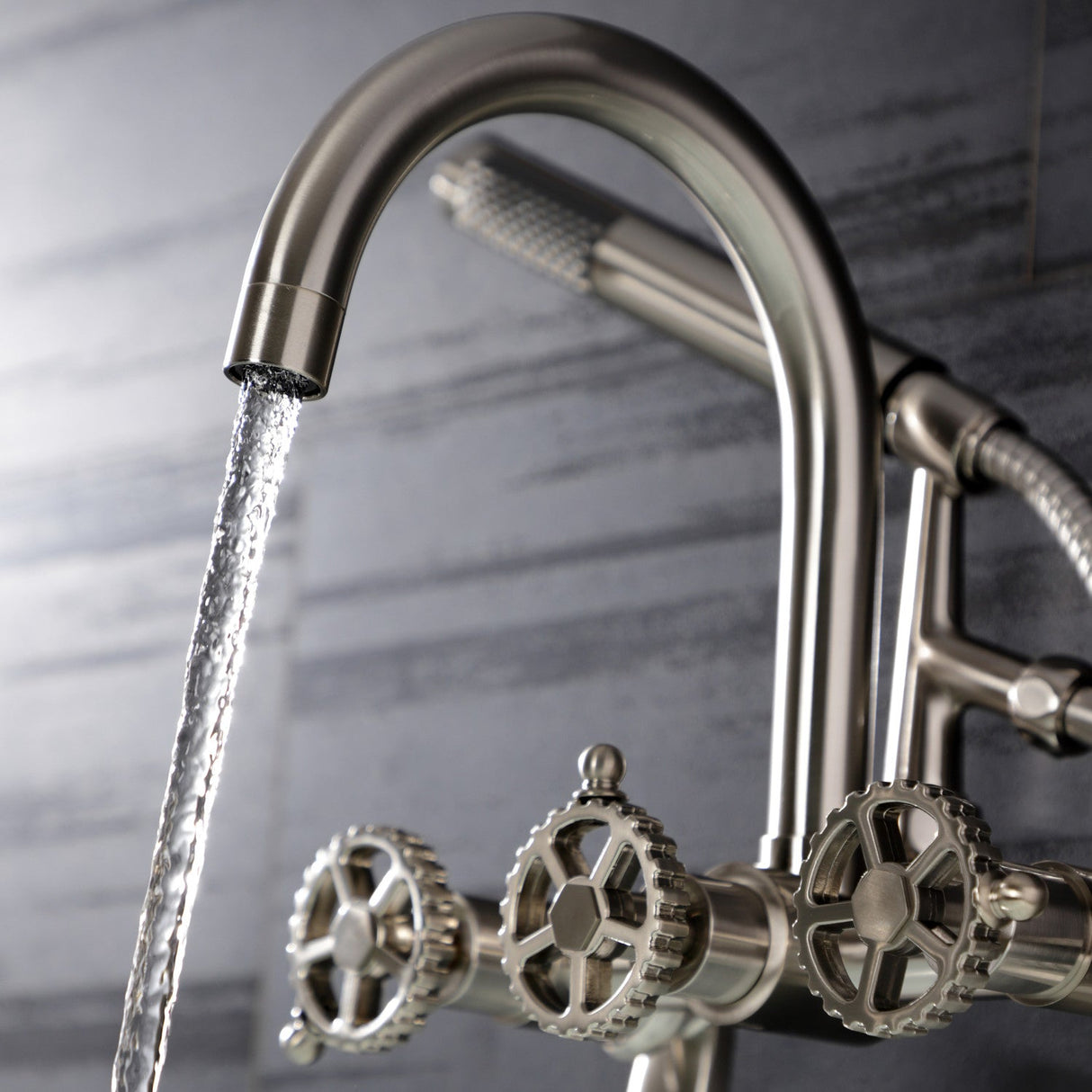 Fuller AE8158CG Three-Handle 2-Hole Tub Wall Mount Clawfoot Tub Faucet with Hand Shower, Brushed Nickel