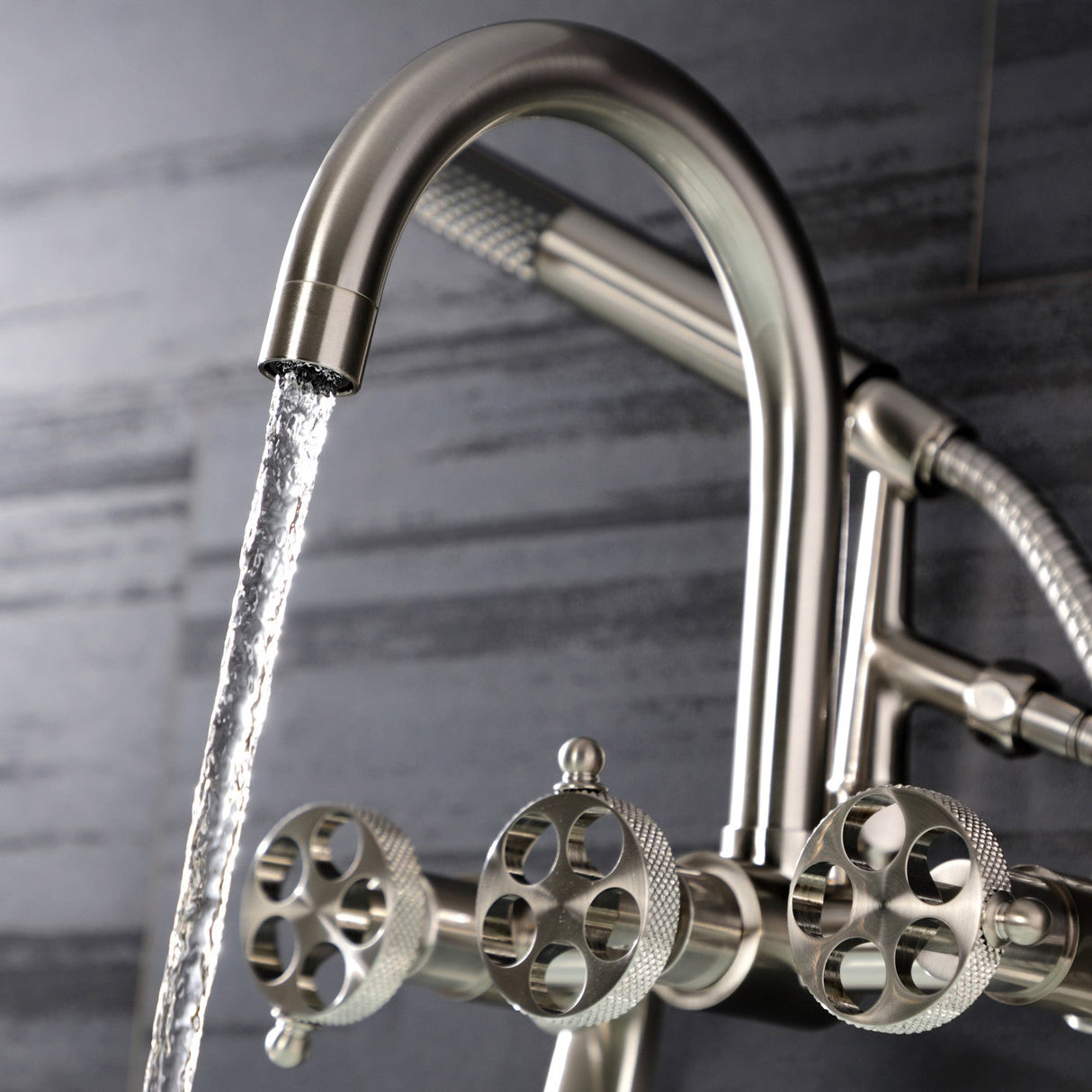 Webb AE8158RKX Three-Handle 2-Hole Adjustable Wall Mount Clawfoot Tub Faucet with Knurled Handle and Hand Shower, Brushed Nickel