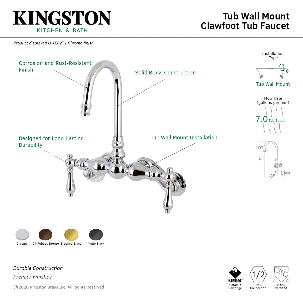Aqua Vintage AE82T1 Two-Handle 2-Hole Tub Wall Mount Clawfoot Tub Faucet, Polished Chrome