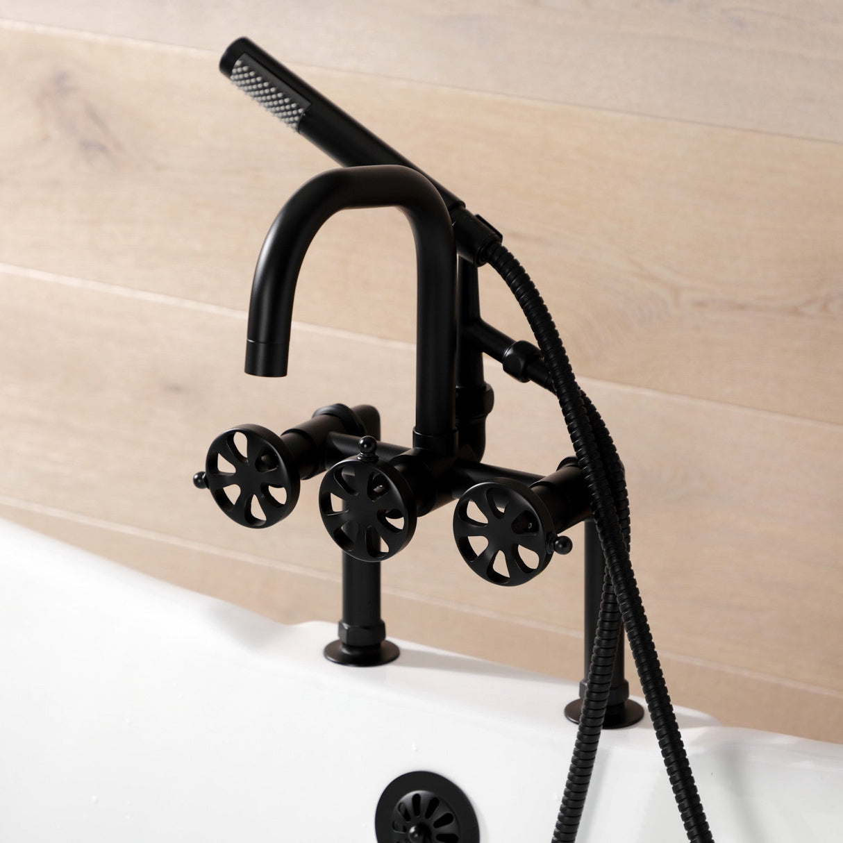 Belknap AE8400RX Three-Handle 2-Hole Deck Mount Clawfoot Tub Faucet with Hand Shower, Matte Black