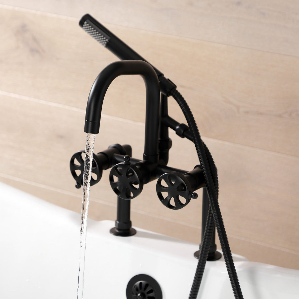 Belknap AE8400RX Three-Handle 2-Hole Deck Mount Clawfoot Tub Faucet with Hand Shower, Matte Black