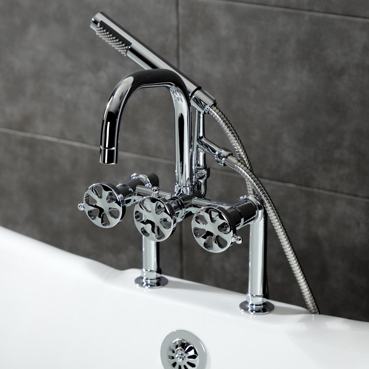 Belknap AE8401RX Three-Handle 2-Hole Deck Mount Clawfoot Tub Faucet with Hand Shower, Polished Chrome