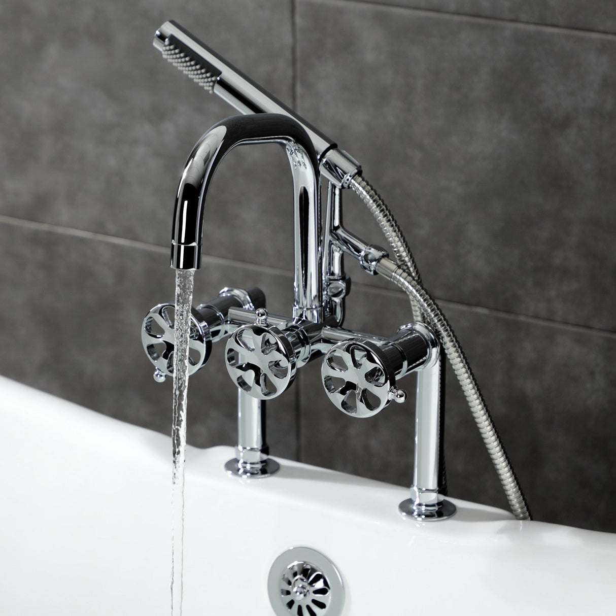 Belknap AE8401RX Three-Handle 2-Hole Deck Mount Clawfoot Tub Faucet with Hand Shower, Polished Chrome
