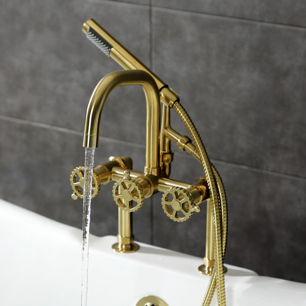 Fuller AE8407CG Three-Handle 2-Hole Deck Mount Clawfoot Tub Faucet with Hand Shower, Brushed Brass