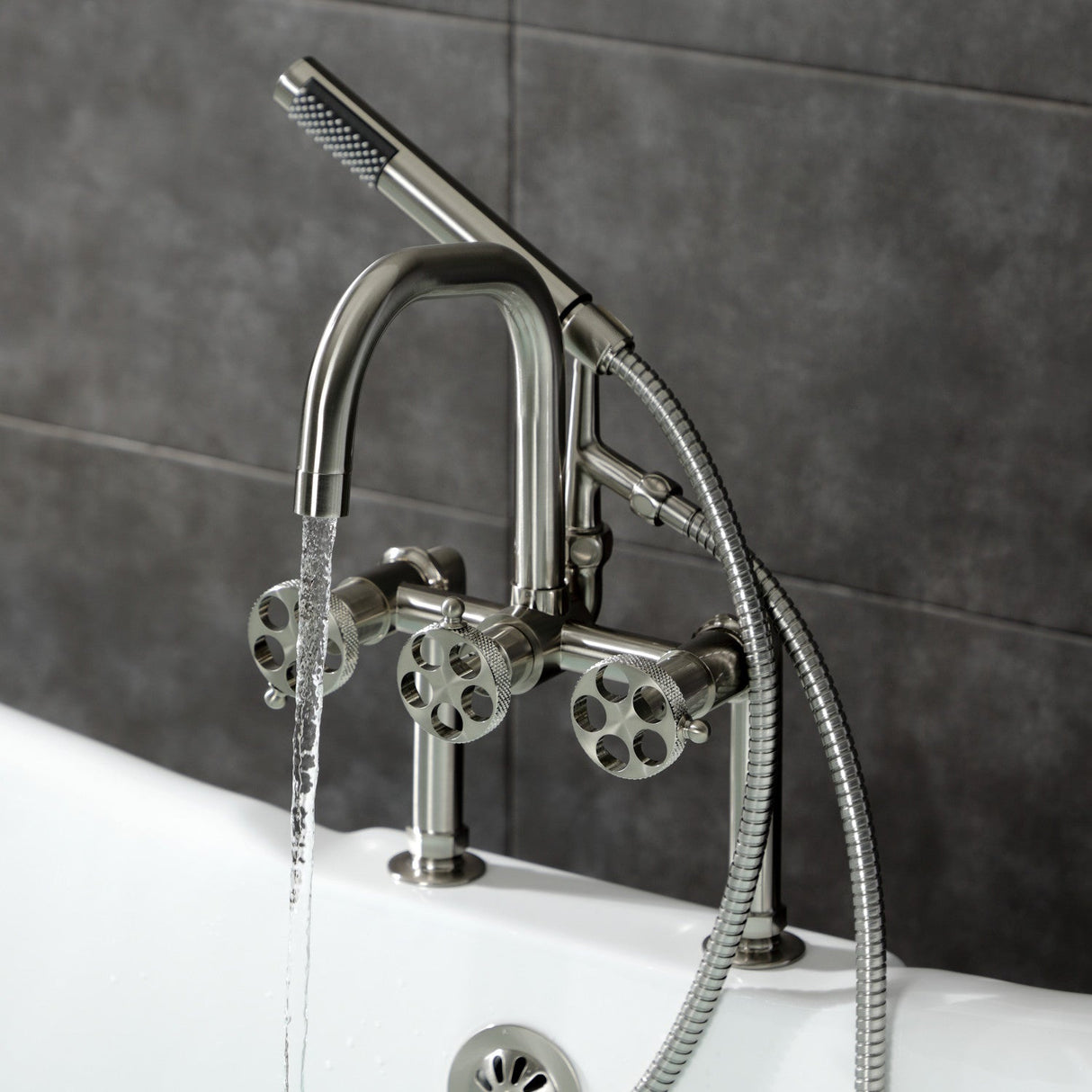 Webb AE8408RKX Three-Handle 2-Hole Deck Mount Clawfoot Tub Faucet with Knurled Handle and Hand Shower, Brushed Nickel