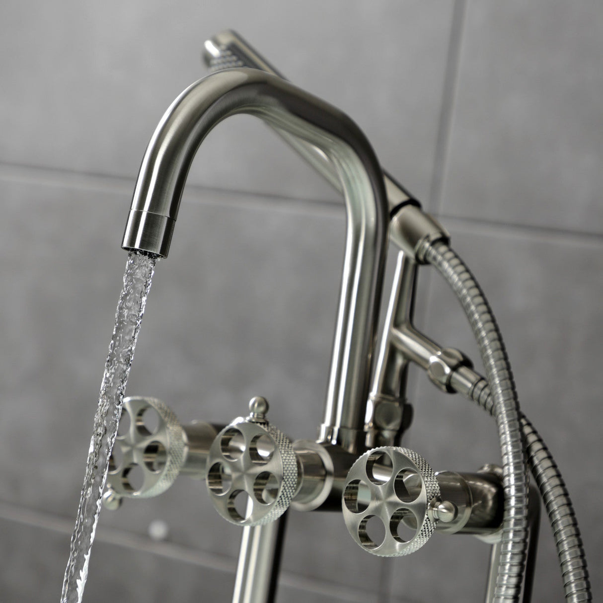 Webb AE8408RKX Three-Handle 2-Hole Deck Mount Clawfoot Tub Faucet with Knurled Handle and Hand Shower, Brushed Nickel