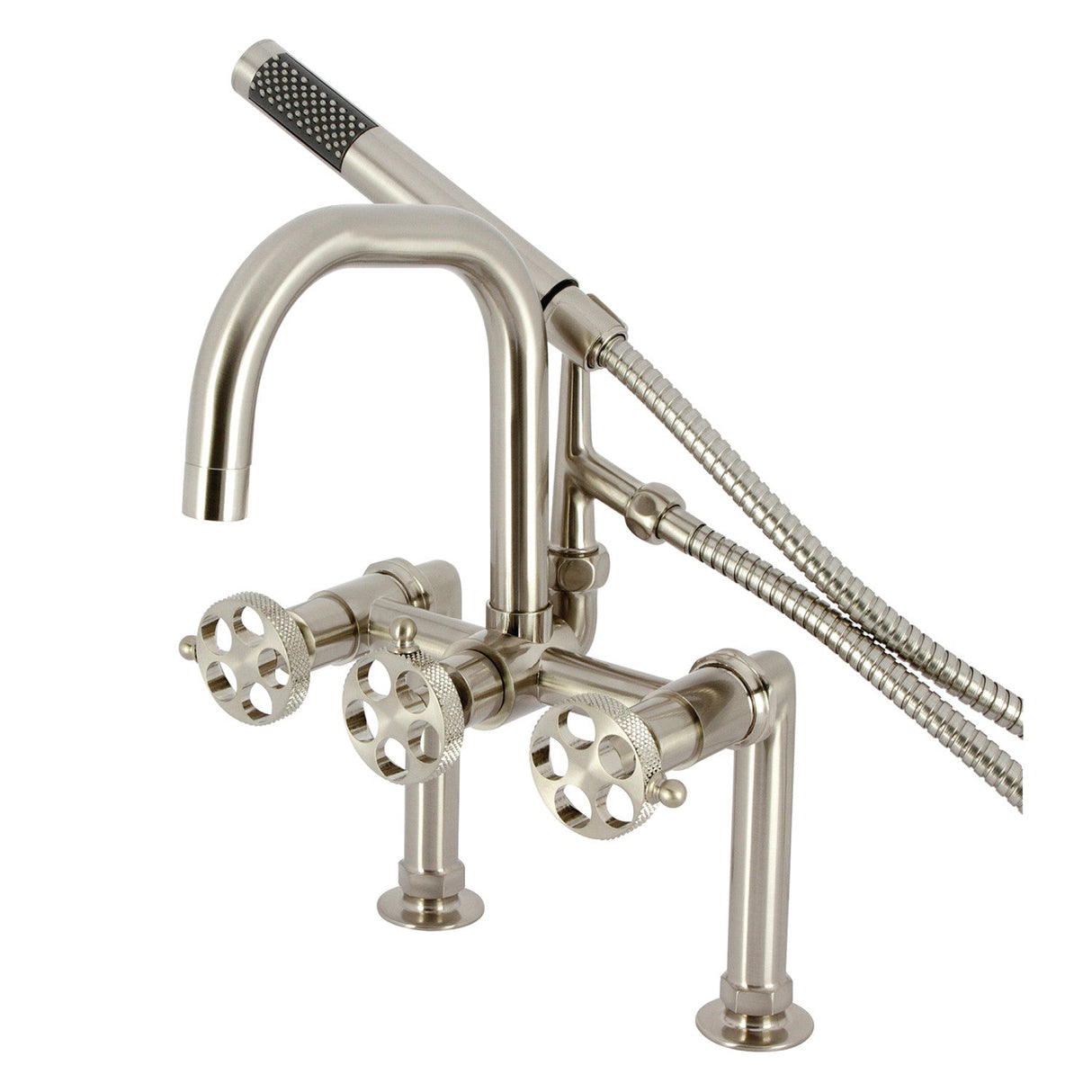 Webb AE8408RKX Three-Handle 2-Hole Deck Mount Clawfoot Tub Faucet with Knurled Handle and Hand Shower, Brushed Nickel