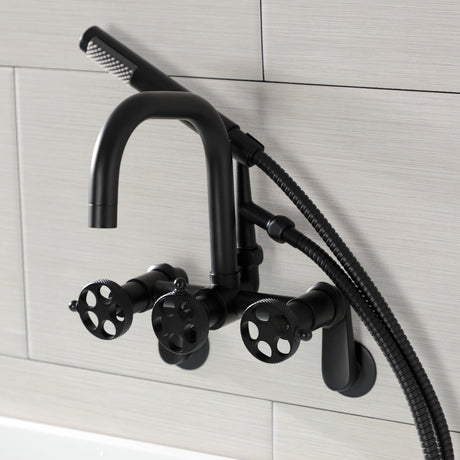 Webb AE8450RKX Three-Handle 2-Hole Adjustable Wall Mount Clawfoot Tub Faucet with Knurled Handle and Hand Shower, Matte Black