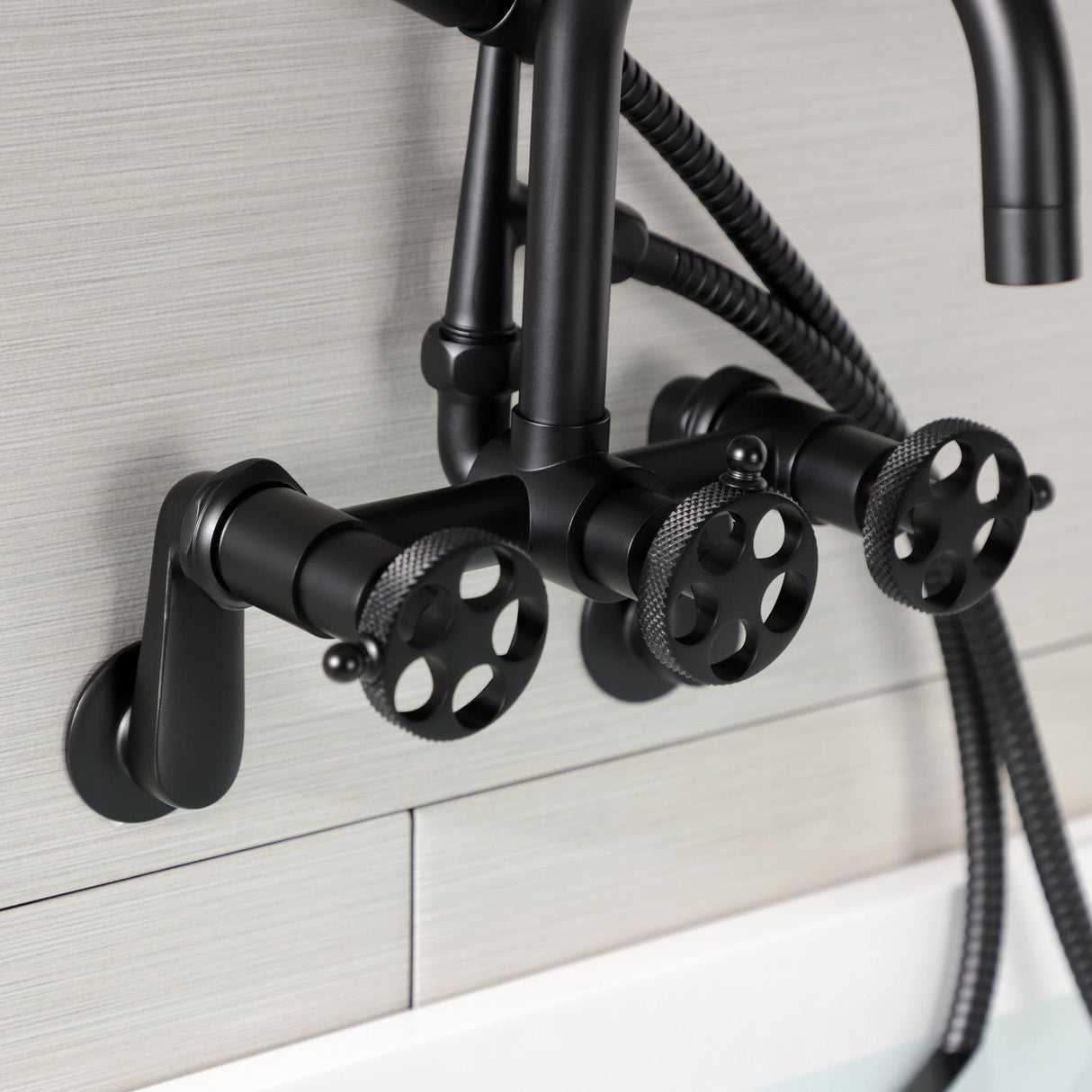 Webb AE8450RKX Three-Handle 2-Hole Adjustable Wall Mount Clawfoot Tub Faucet with Knurled Handle and Hand Shower, Matte Black
