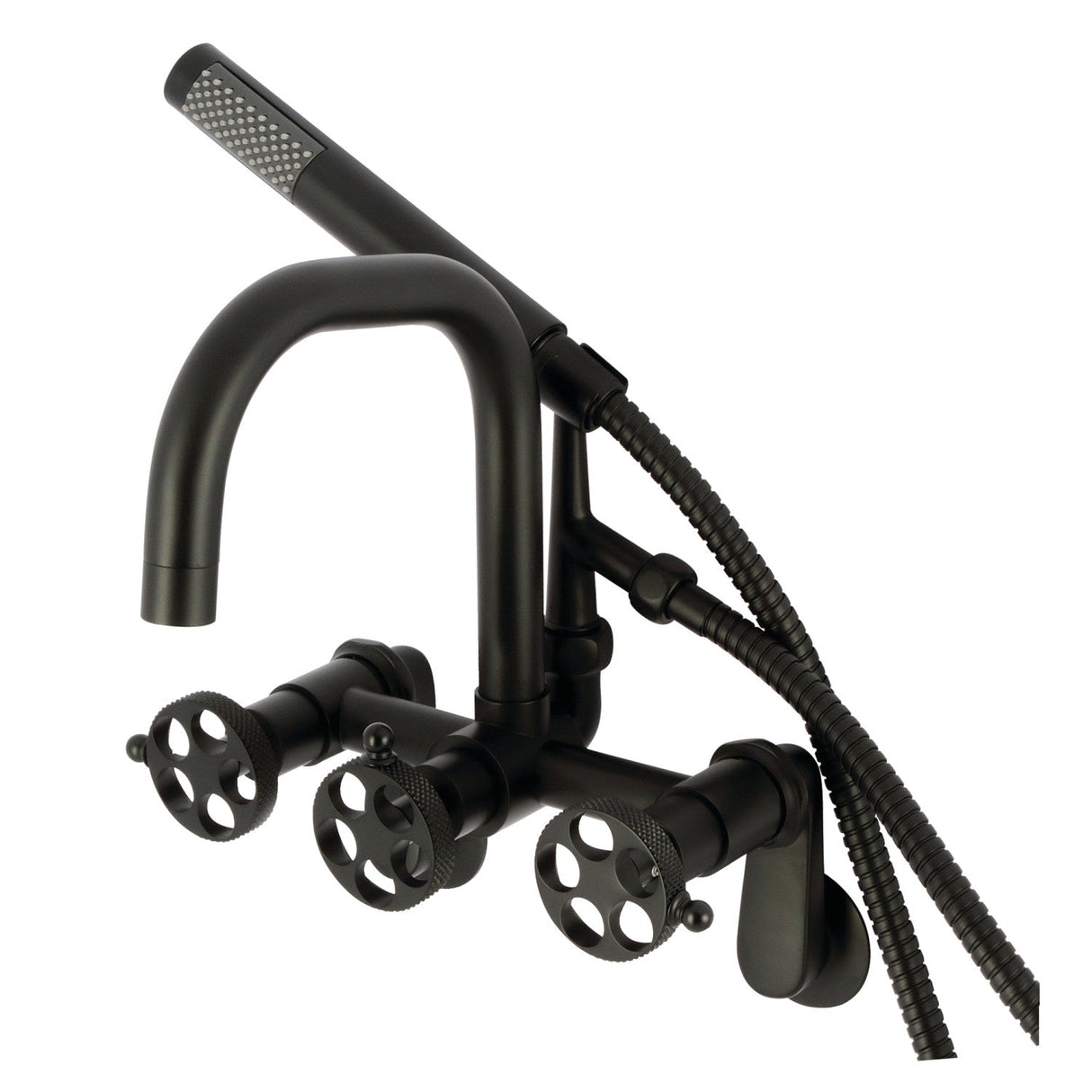 Webb AE8450RKX Three-Handle 2-Hole Adjustable Wall Mount Clawfoot Tub Faucet with Knurled Handle and Hand Shower, Matte Black