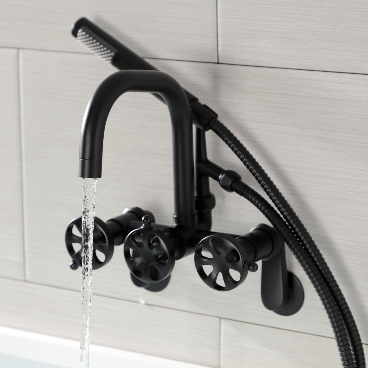 Belknap AE8450RX Three-Handle 2-Hole Wall Mount Clawfoot Tub Faucet with Hand Shower, Matte Black