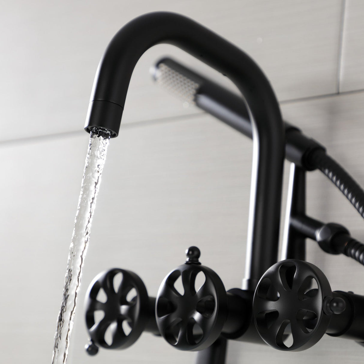 Belknap AE8450RX Three-Handle 2-Hole Wall Mount Clawfoot Tub Faucet with Hand Shower, Matte Black