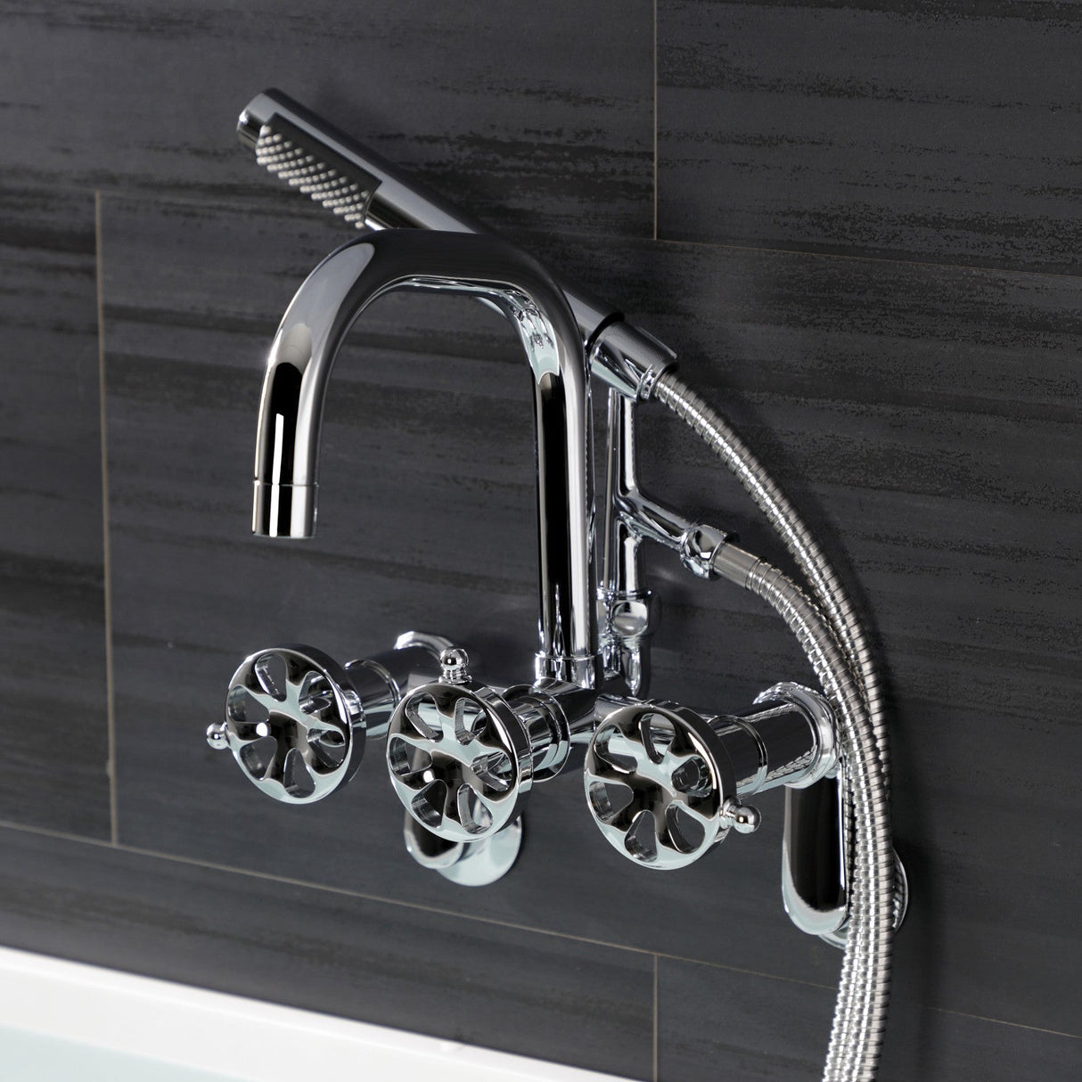 Belknap AE8451RX Three-Handle 2-Hole Wall Mount Clawfoot Tub Faucet with Hand Shower, Polished Chrome