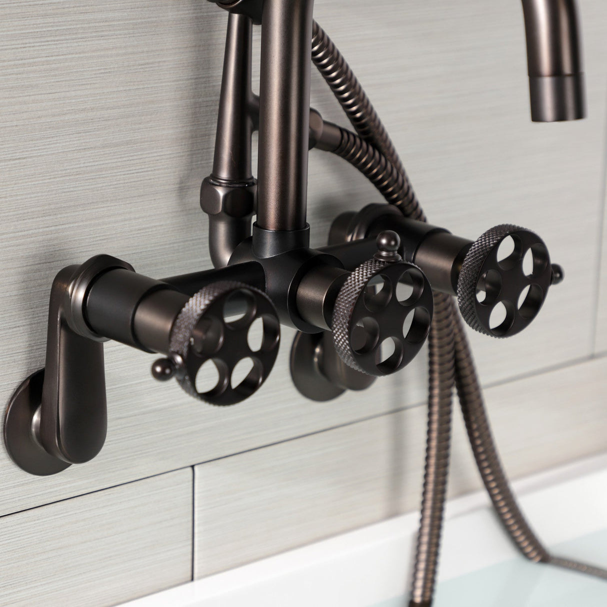 Webb AE8455RKX Three-Handle 2-Hole Adjustable Wall Mount Clawfoot Tub Faucet with Knurled Handle and Hand Shower, Oil Rubbed Bronze