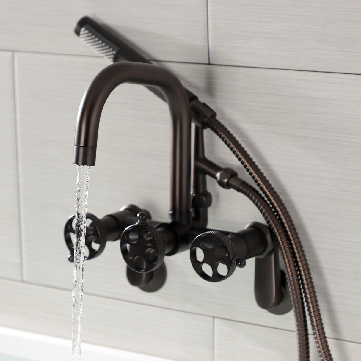 Webb AE8455RKX Three-Handle 2-Hole Adjustable Wall Mount Clawfoot Tub Faucet with Knurled Handle and Hand Shower, Oil Rubbed Bronze