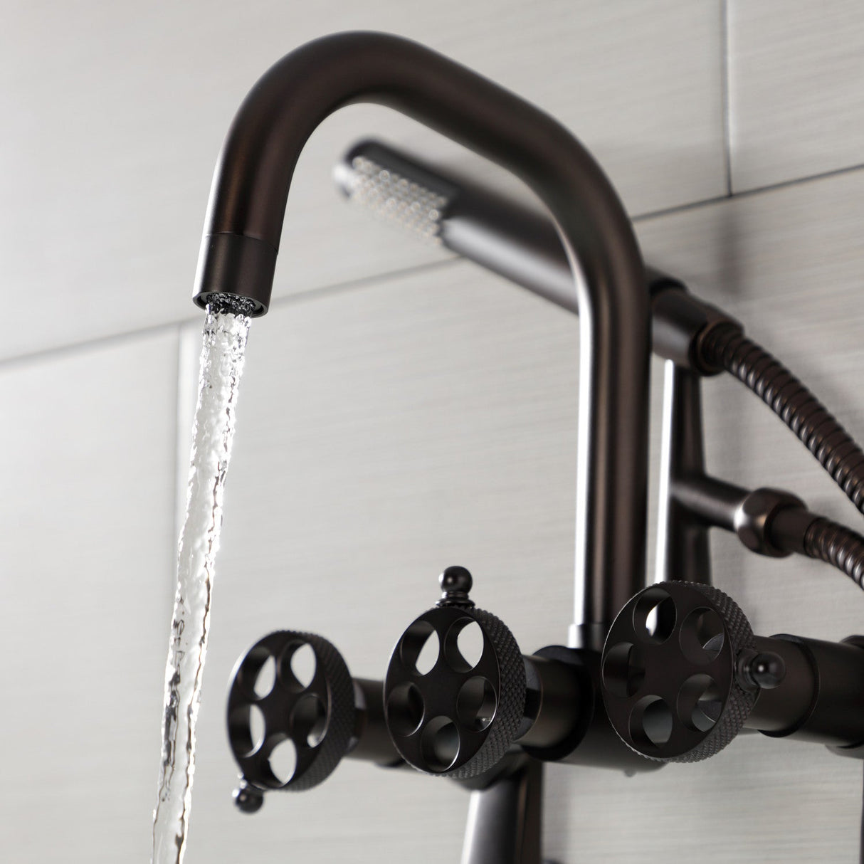 Webb AE8455RKX Three-Handle 2-Hole Adjustable Wall Mount Clawfoot Tub Faucet with Knurled Handle and Hand Shower, Oil Rubbed Bronze