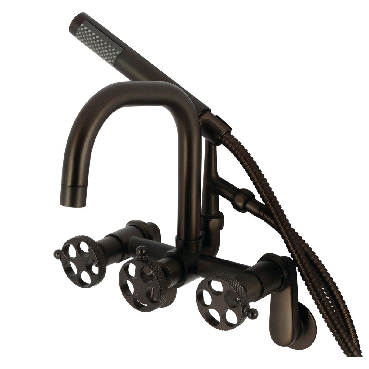 Webb AE8455RKX Three-Handle 2-Hole Adjustable Wall Mount Clawfoot Tub Faucet with Knurled Handle and Hand Shower, Oil Rubbed Bronze