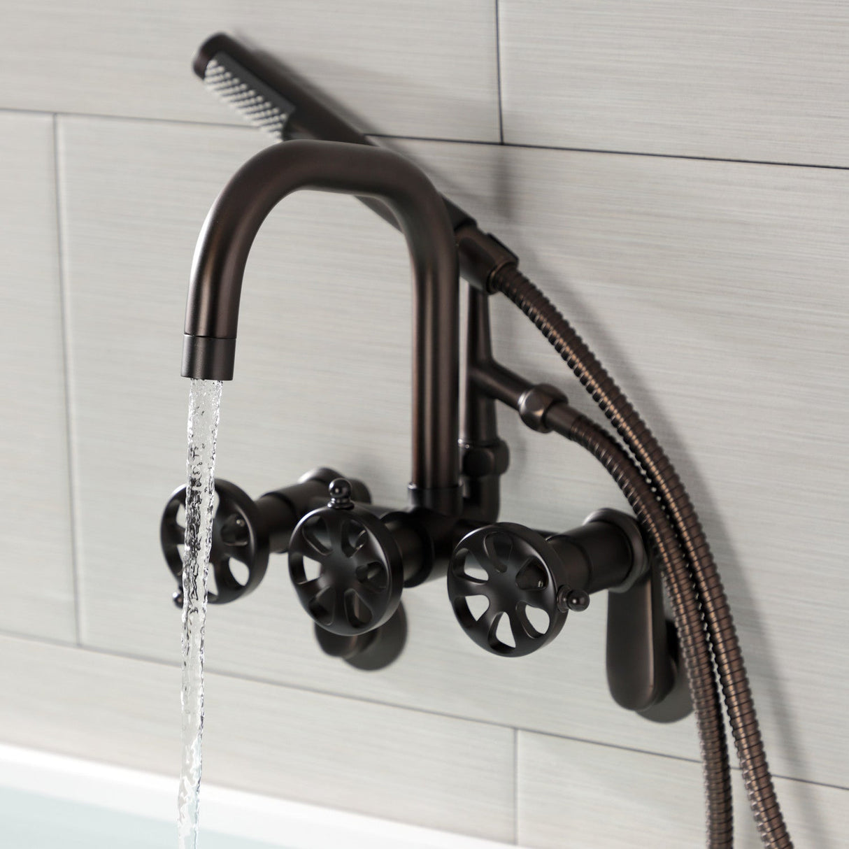 Belknap AE8455RX Three-Handle 2-Hole Wall Mount Clawfoot Tub Faucet with Hand Shower, Oil Rubbed Bronze