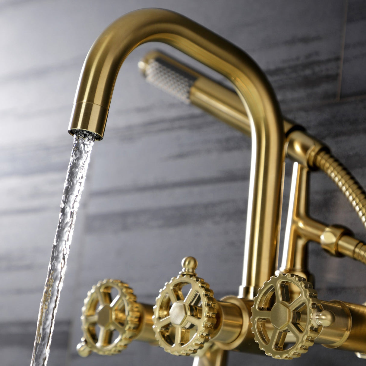 Fuller AE8457CG Three-Handle 2-Hole Wall Mount Clawfoot Tub Faucet with Hand Shower, Brushed Brass