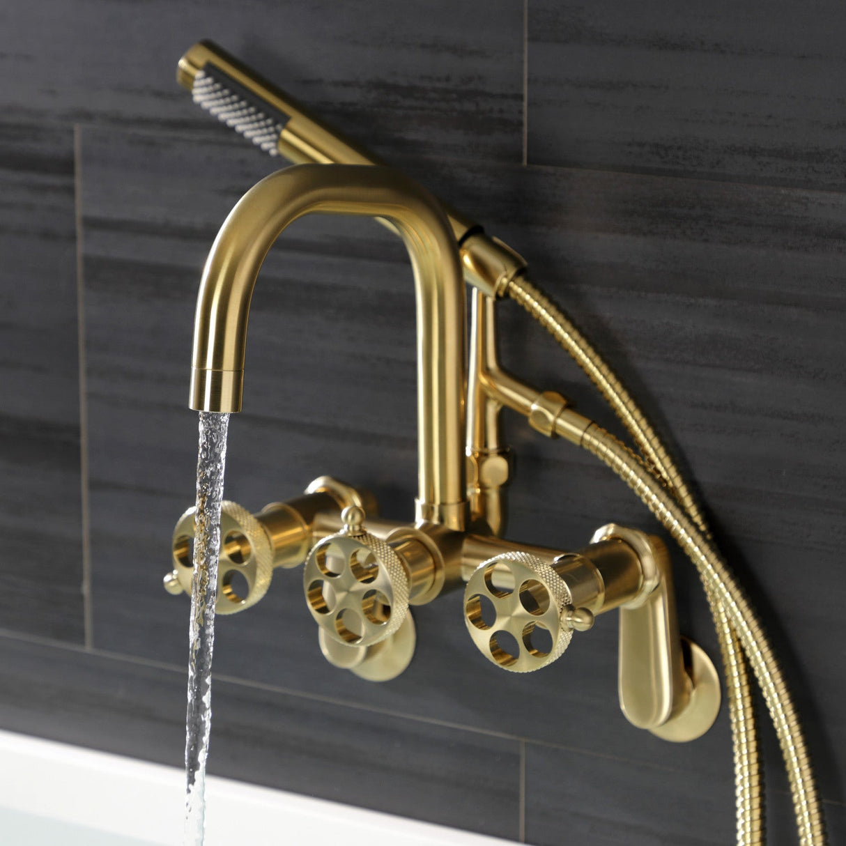 Webb AE8457RKX Three-Handle 2-Hole Adjustable Wall Mount Clawfoot Tub Faucet with Knurled Handle and Hand Shower, Brushed Brass