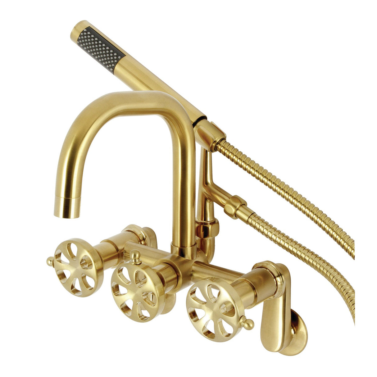 Belknap AE8457RX Three-Handle 2-Hole Wall Mount Clawfoot Tub Faucet with Hand Shower, Brushed Brass