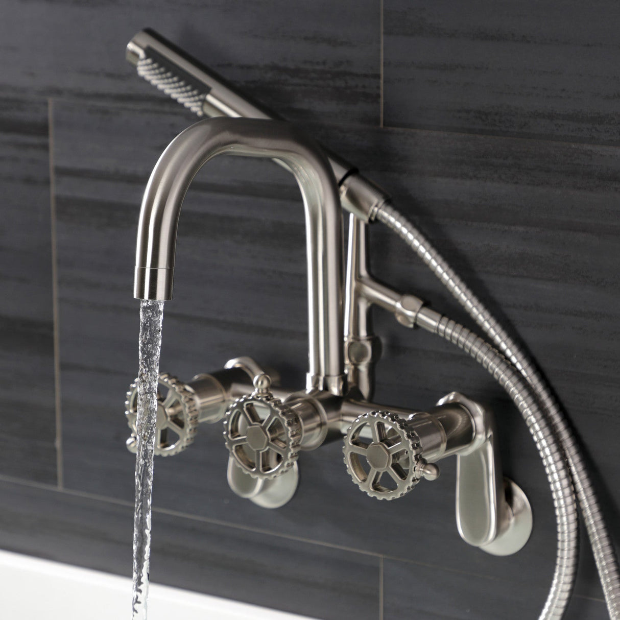 Fuller AE8458CG Three-Handle 2-Hole Wall Mount Clawfoot Tub Faucet with Hand Shower, Brushed Nickel