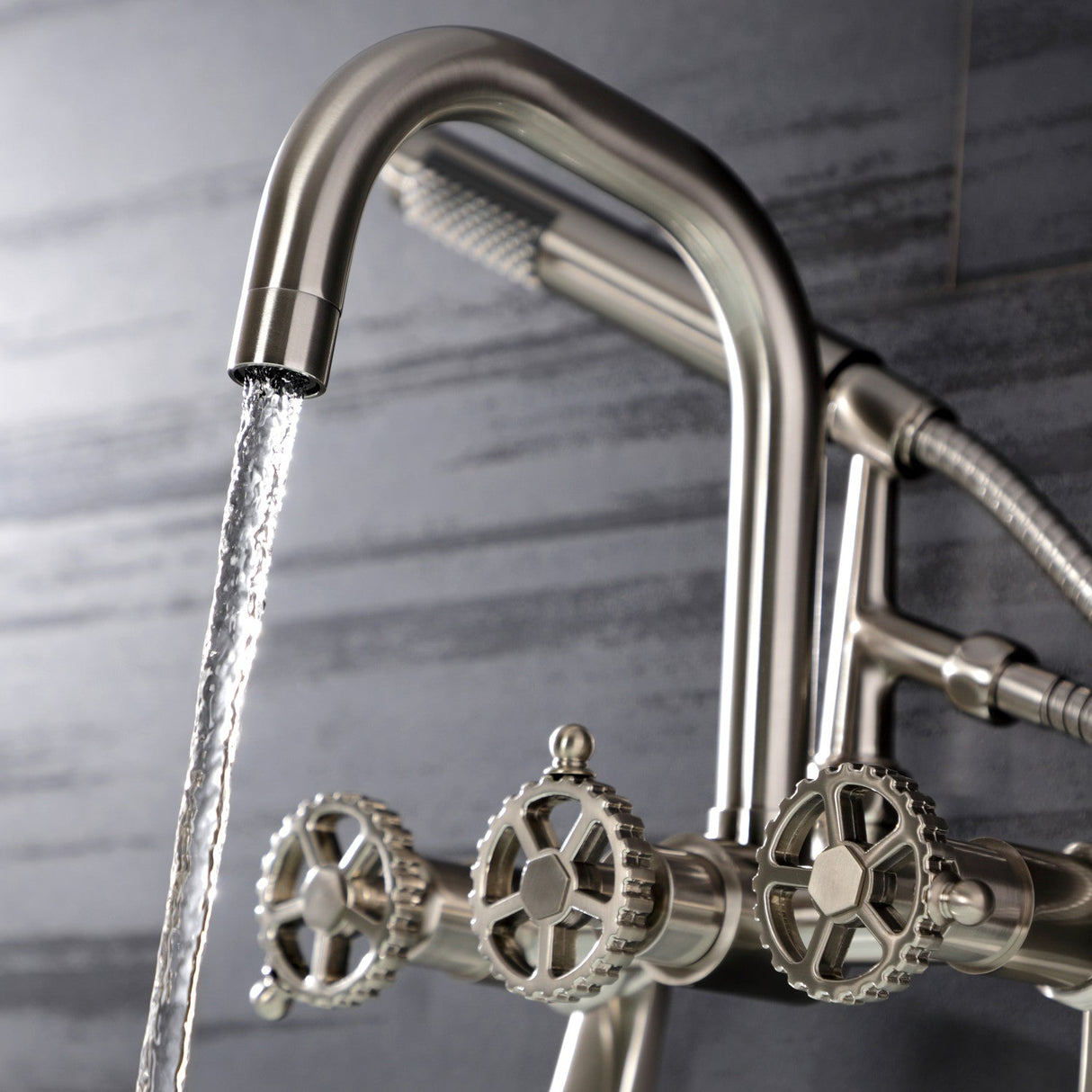 Fuller AE8458CG Three-Handle 2-Hole Wall Mount Clawfoot Tub Faucet with Hand Shower, Brushed Nickel