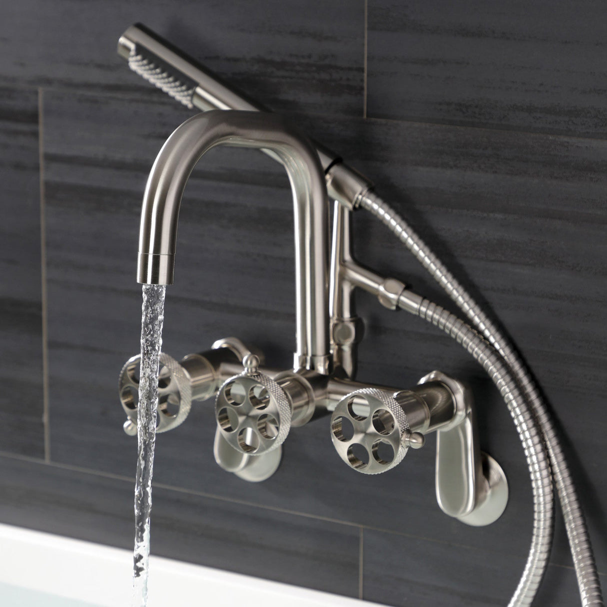 Webb AE8458RKX Three-Handle 2-Hole Adjustable Wall Mount Clawfoot Tub Faucet with Knurled Handle and Hand Shower, Brushed Nickel