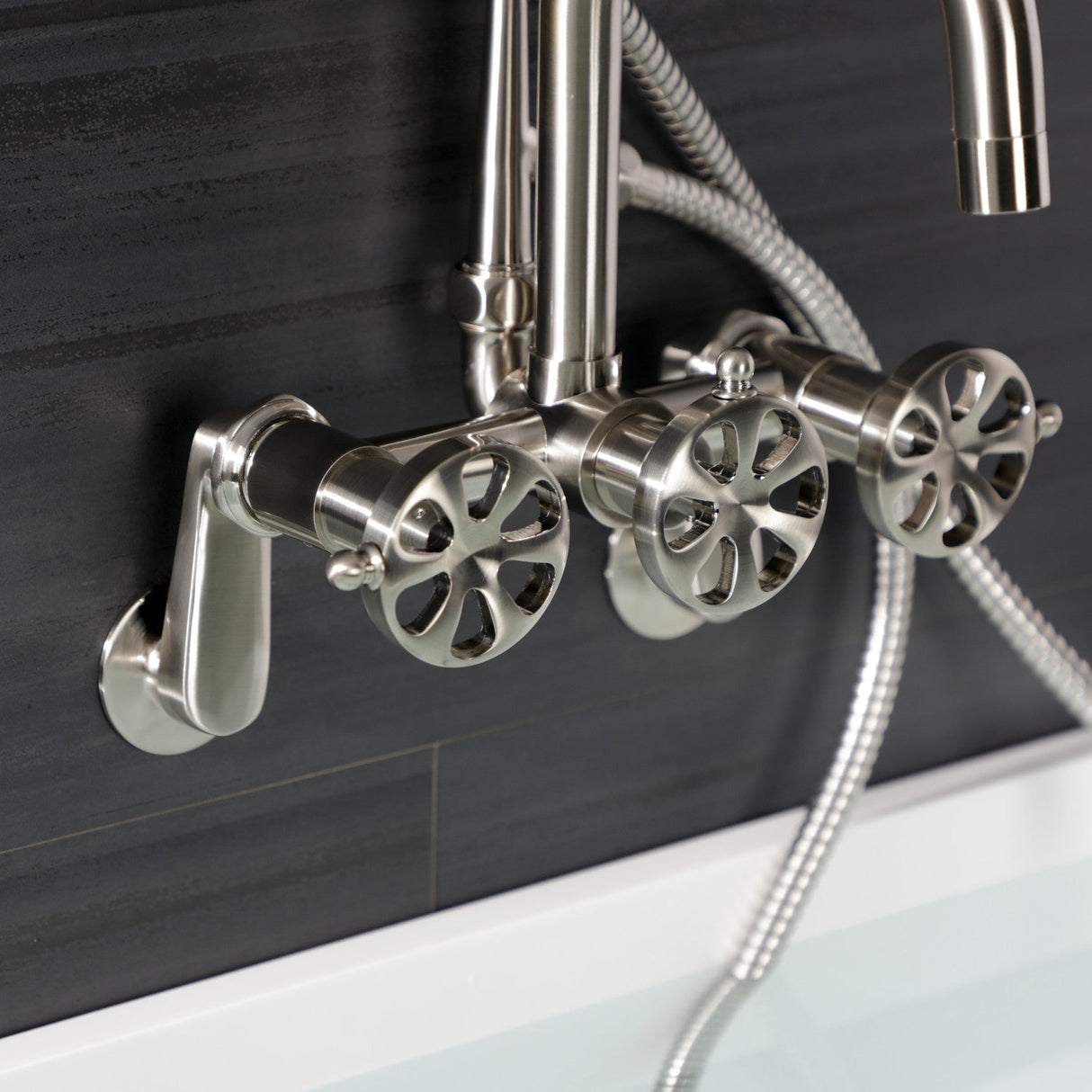 Belknap AE8458RX Three-Handle 2-Hole Wall Mount Clawfoot Tub Faucet with Hand Shower, Brushed Nickel