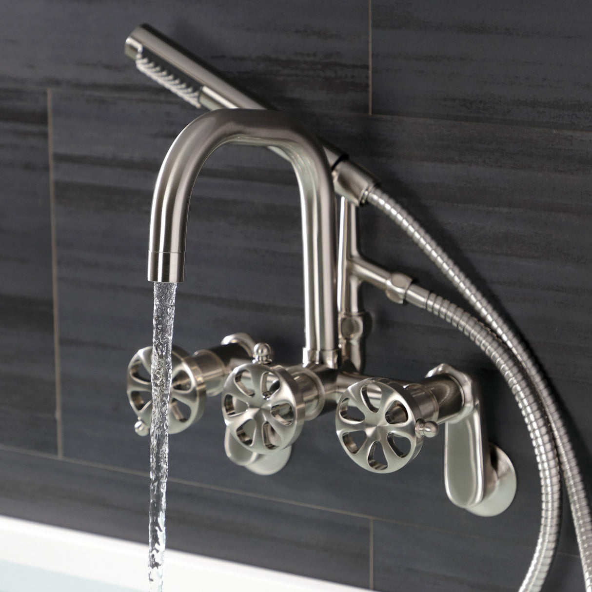 Belknap AE8458RX Three-Handle 2-Hole Wall Mount Clawfoot Tub Faucet with Hand Shower, Brushed Nickel