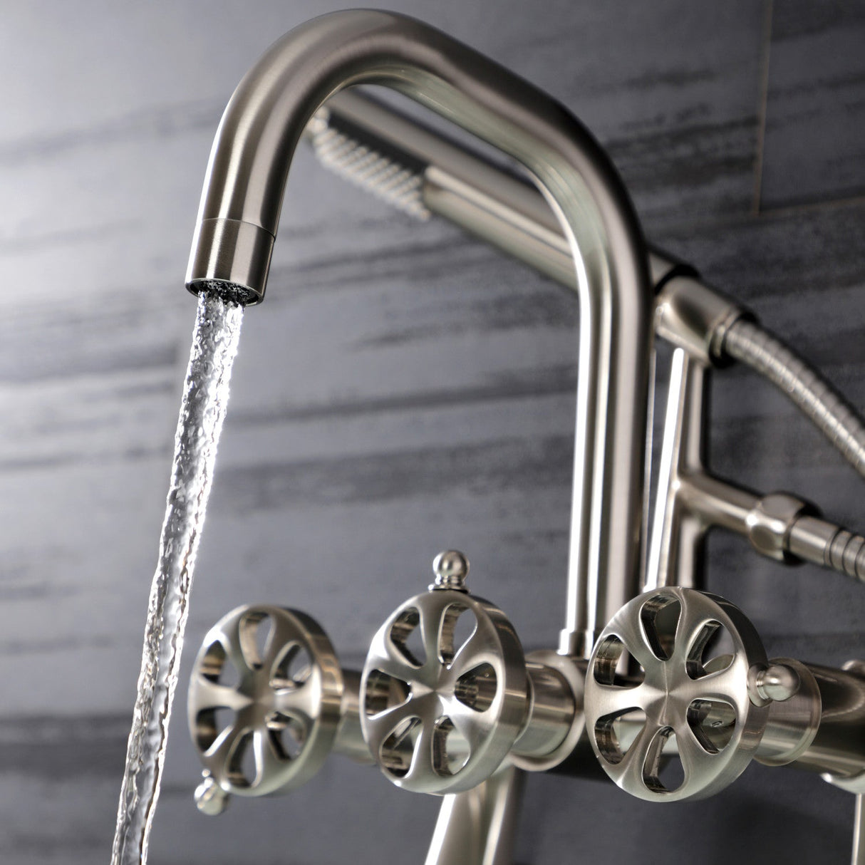 Belknap AE8458RX Three-Handle 2-Hole Wall Mount Clawfoot Tub Faucet with Hand Shower, Brushed Nickel