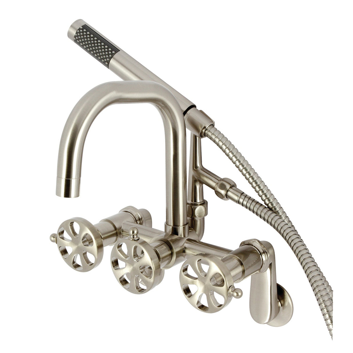Belknap AE8458RX Three-Handle 2-Hole Wall Mount Clawfoot Tub Faucet with Hand Shower, Brushed Nickel