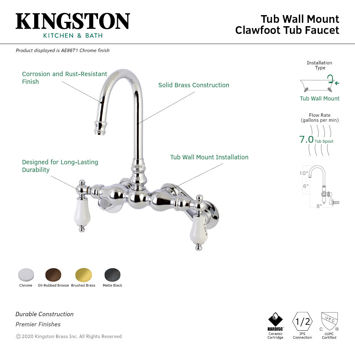 Aqua Vintage AE85T5 Two-Handle 2-Hole Tub Wall Mount Clawfoot Tub Faucet, Oil Rubbed Bronze