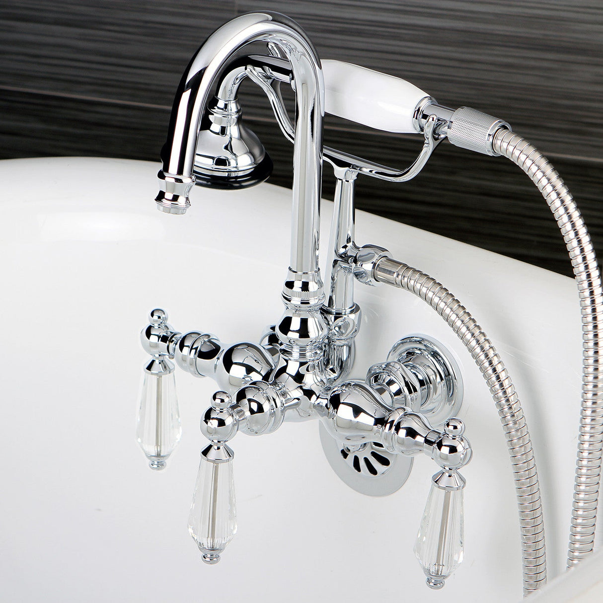 Wilshire AE8T1WLL Three-Handle 2-Hole Tub Wall Mount Clawfoot Tub Faucet with Hand Shower, Polished Chrome
