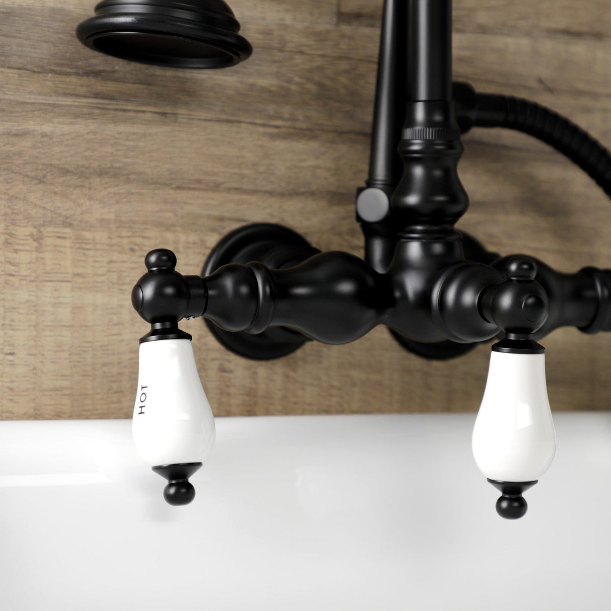 Aqua Vintage AE9T0 Three-Handle 2-Hole Tub Wall Mount Clawfoot Tub Faucet with Hand Shower, Matte Black