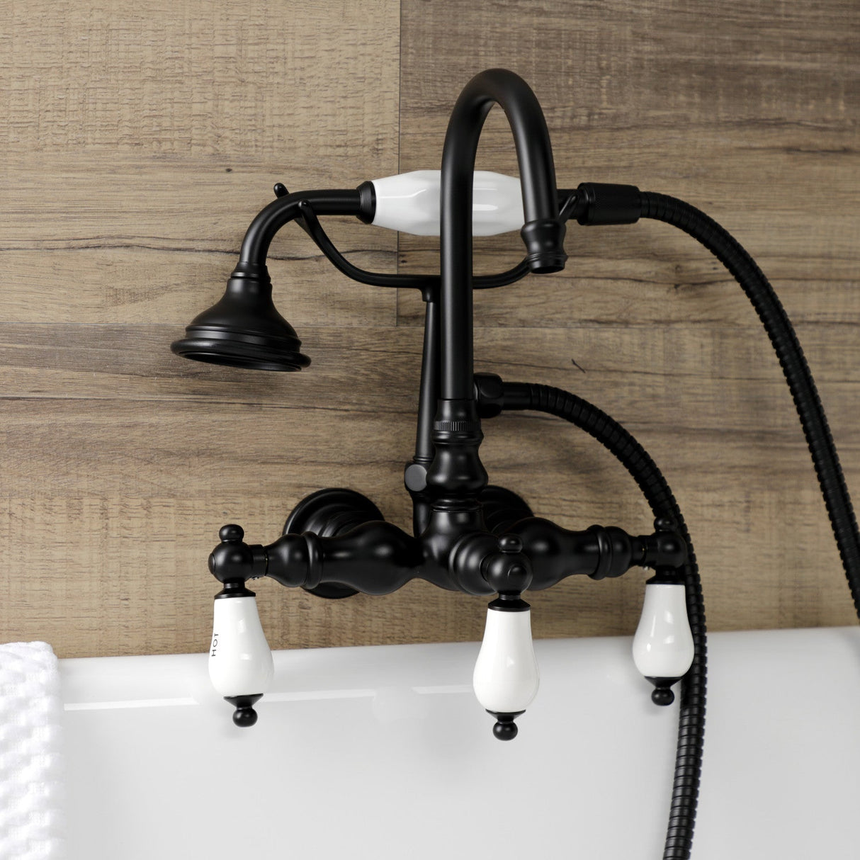Aqua Vintage AE9T0 Three-Handle 2-Hole Tub Wall Mount Clawfoot Tub Faucet with Hand Shower, Matte Black