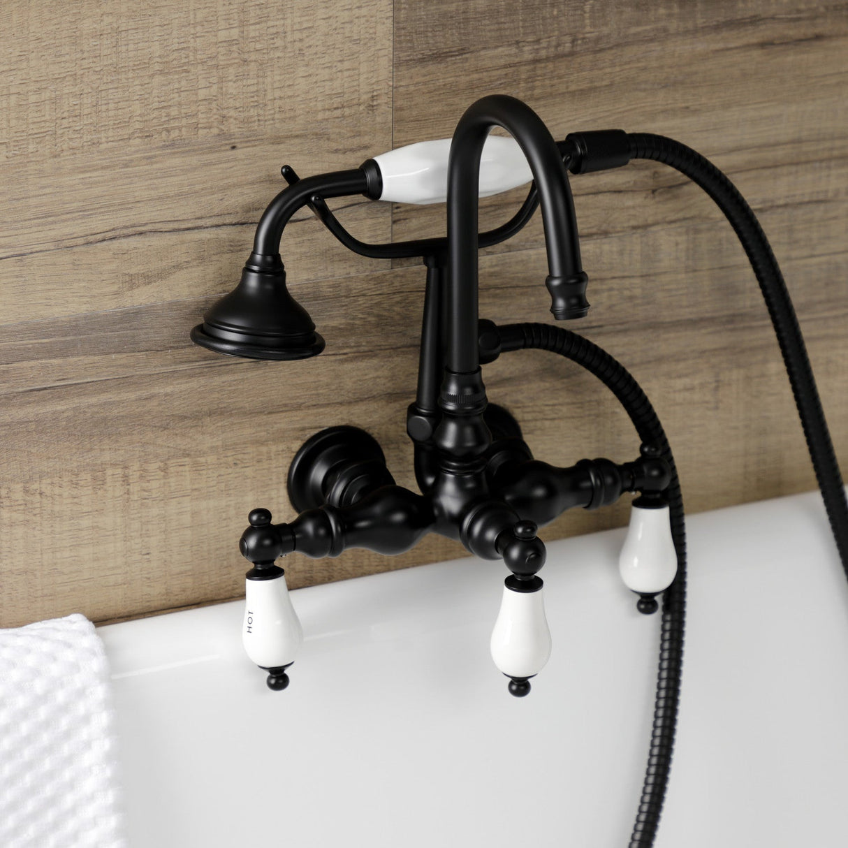 Aqua Vintage AE9T0 Three-Handle 2-Hole Tub Wall Mount Clawfoot Tub Faucet with Hand Shower, Matte Black