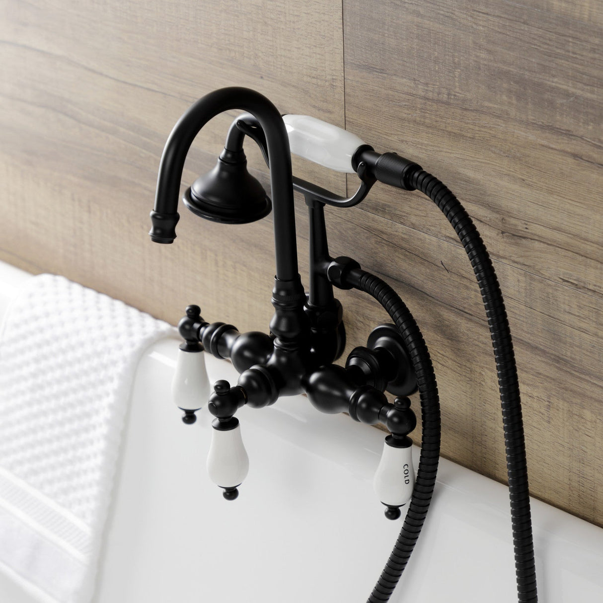 Aqua Vintage AE9T0 Three-Handle 2-Hole Tub Wall Mount Clawfoot Tub Faucet with Hand Shower, Matte Black