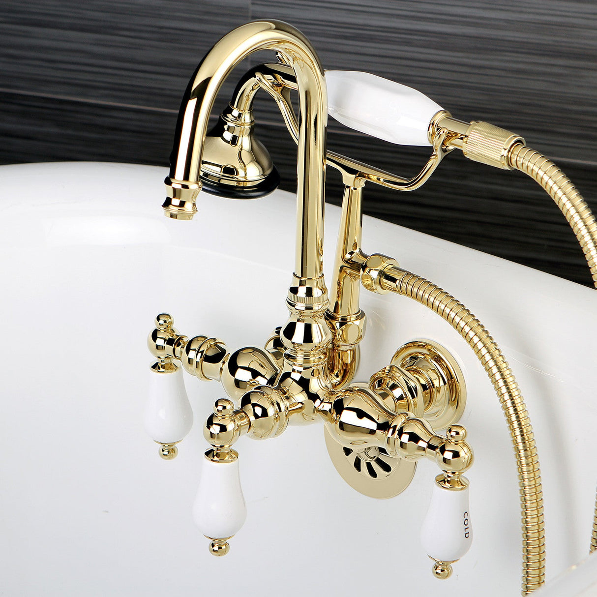 Aqua Vintage AE9T2 Three-Handle 2-Hole Tub Wall Mount Clawfoot Tub Faucet with Hand Shower, Polished Brass