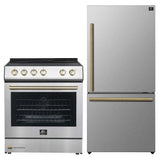 Forno Espresso 2-Piece Appliance Package - 30-Inch Electric Range with 5.0 Cu.Ft. Electric Oven and Refrigerator in Stainless Steel with Brass Handle