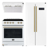 Forno Espresso 3-Piece Appliance Package - 30-Inch Electric Range with 5.0 Cu.Ft. Electric Oven, Built-In Refrigerator, and Under Cabinet Range Hood in White with Brass Handle