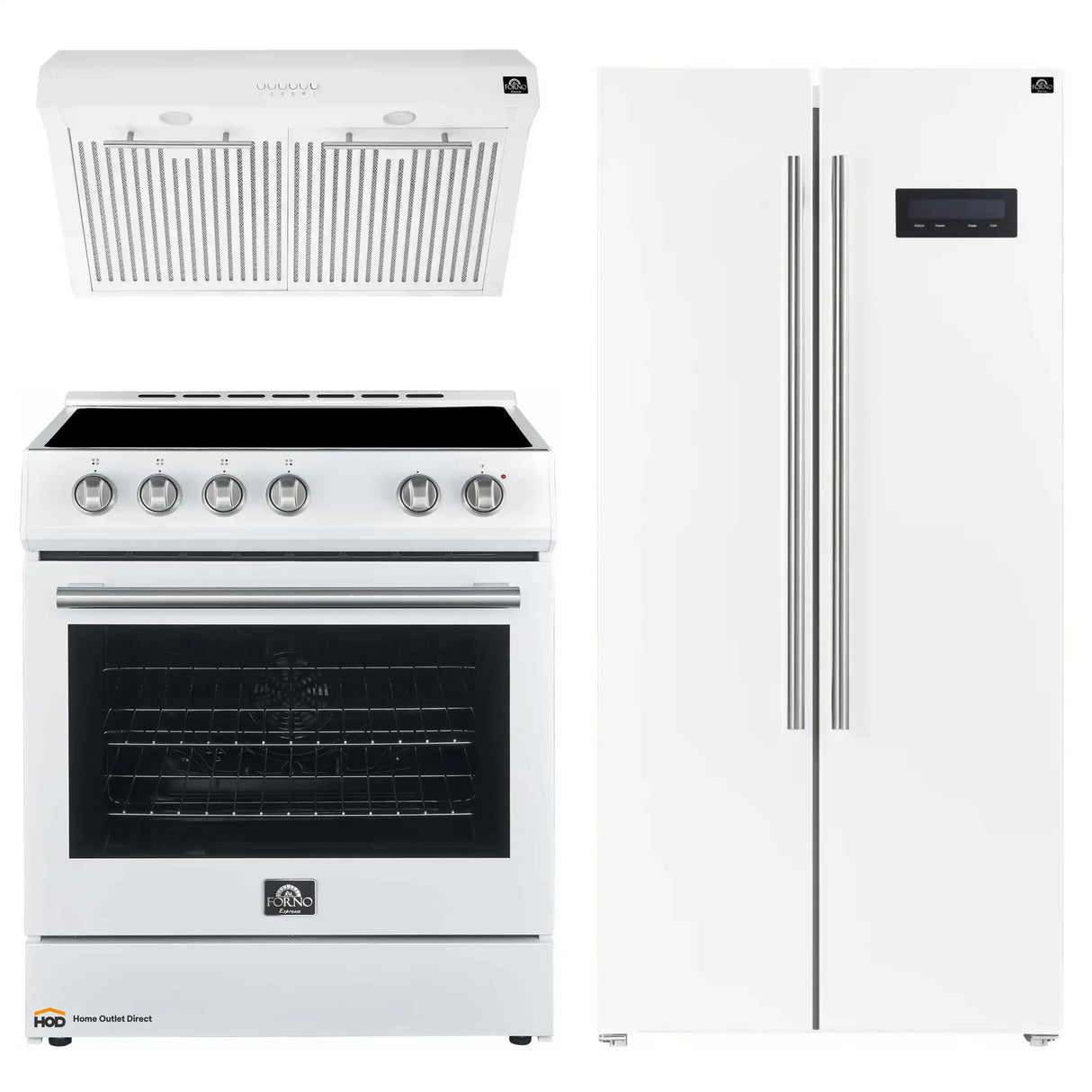 Forno Espresso 3-Piece Appliance Package - 30-Inch Electric Range with 5.0 Cu.Ft. Electric Oven, Built-In Refrigerator, and Under Cabinet Range Hood in White with Stainless Steel Handle