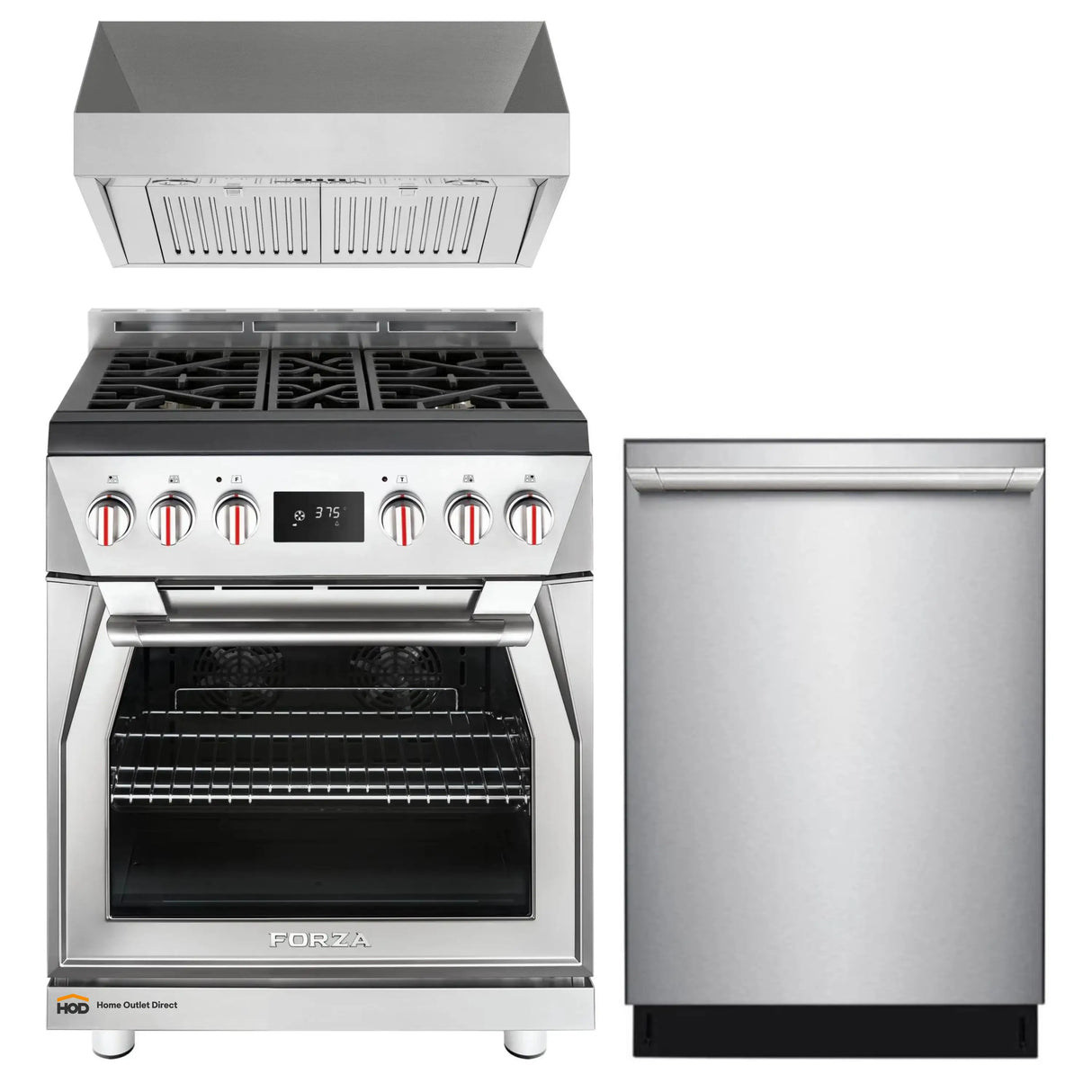 Forza 3-Piece Appliance Package - 30-Inch Dual Fuel Range, 18-Inch Pro-Style Under Cabinet Range Hood, & 24-Inch Dishwasher in Stainless Steel