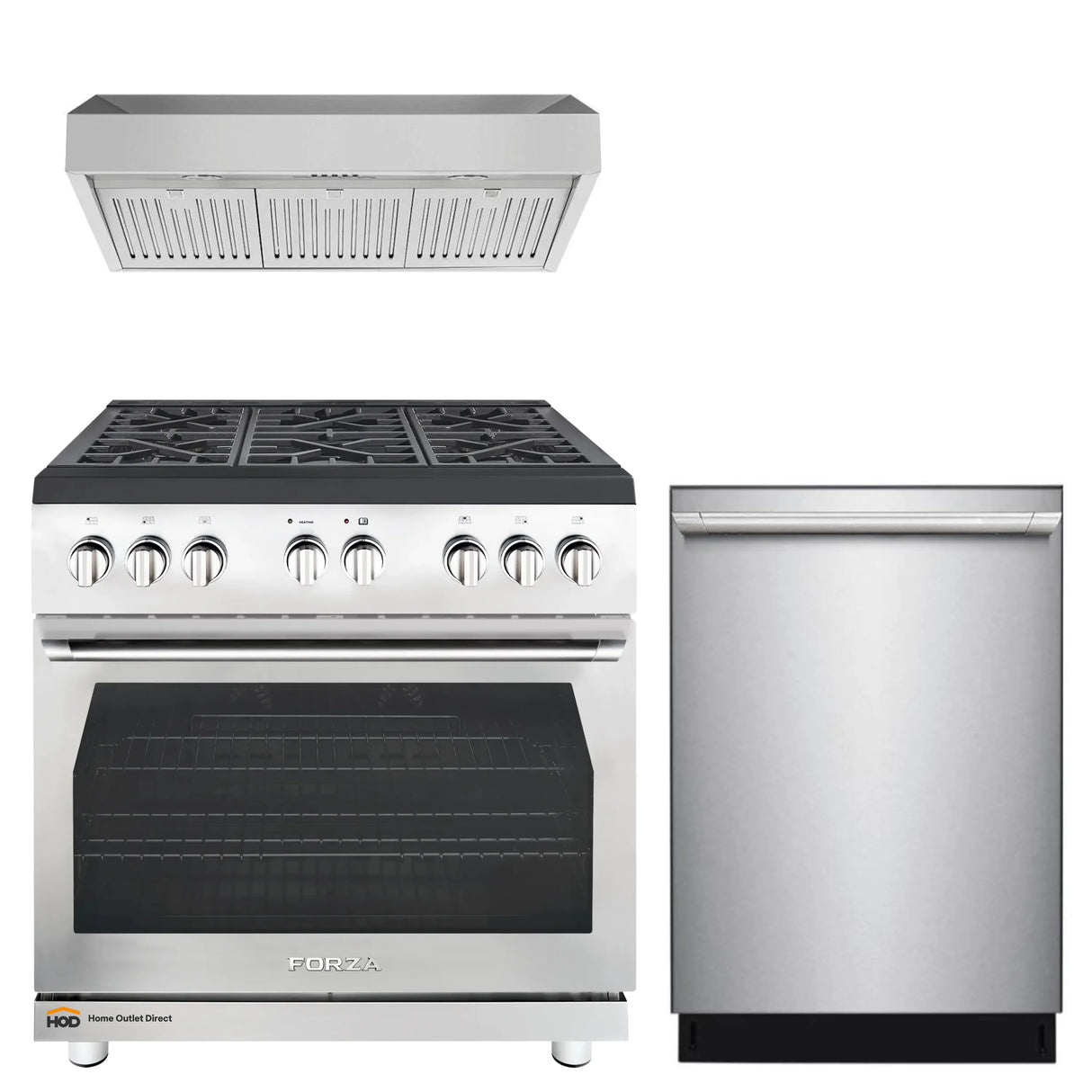 Forza 3-Piece Appliance Package - 36-Inch Gas Range, 11-Inch Pro-Style Under Cabinet Range Hood, & 24-Inch Dishwasher in Stainless Steel