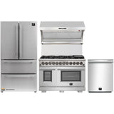 Forno 4-Piece Pro Appliance Package - 48-Inch Dual Fuel Range, 36-Inch French Door Refrigerator, Wall Mount Hood with Backsplash, & Dishwasher in Stainless Steel