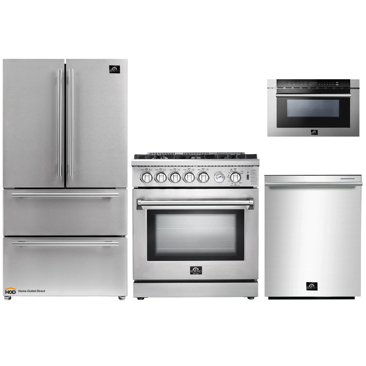 Forno 4-Piece Appliance Package - 30-Inch Gas Range, Refrigerator, Microwave Drawer, & 3-Rack Dishwasher in Stainless Steel