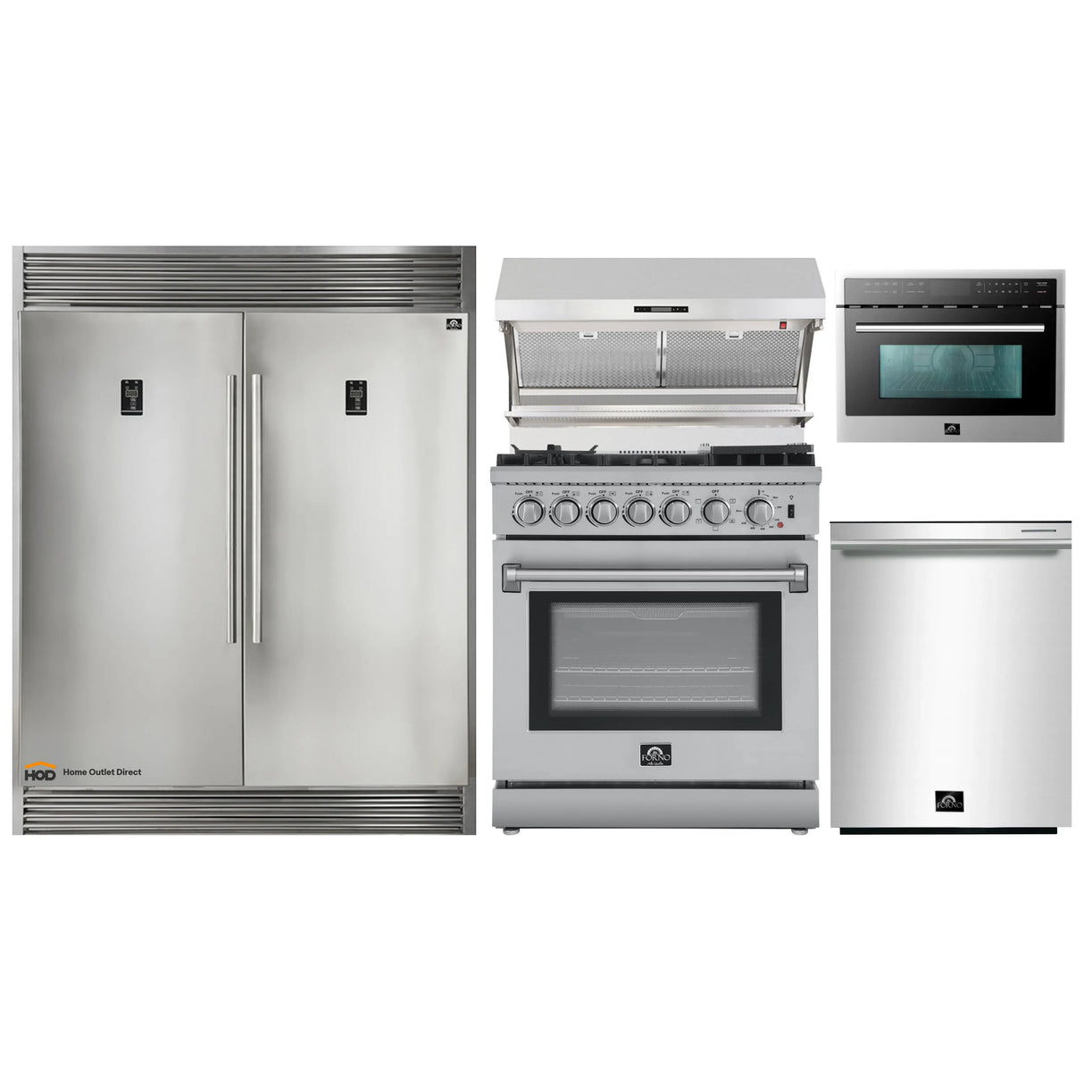 Forno 5-Piece Appliance Package - 30-Inch Dual Fuel Range with Air Fryer, 56-Inch Pro-Style Refrigerator, Wall Mount Hood with Backsplash, Microwave Oven, & 3-Rack Dishwasher in Stainless Steel