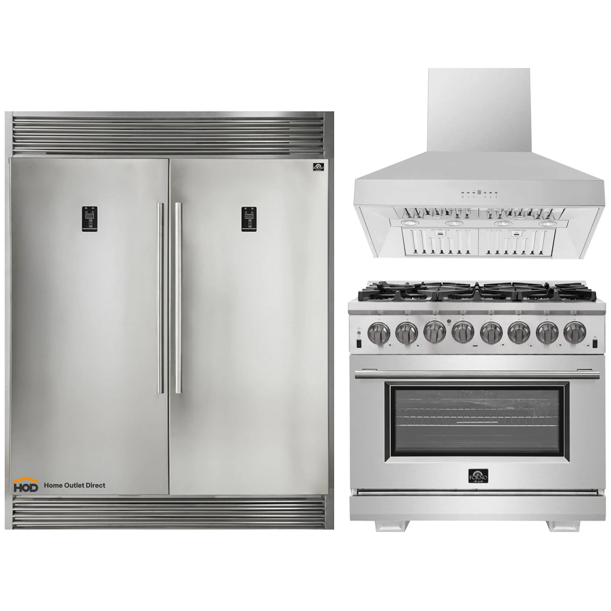Forno 3-Piece Pro Appliance Package - 36-Inch Dual Fuel Range, 56-Inch Pro-Style Refrigerator & Wall Mount Hood in Stainless Steel