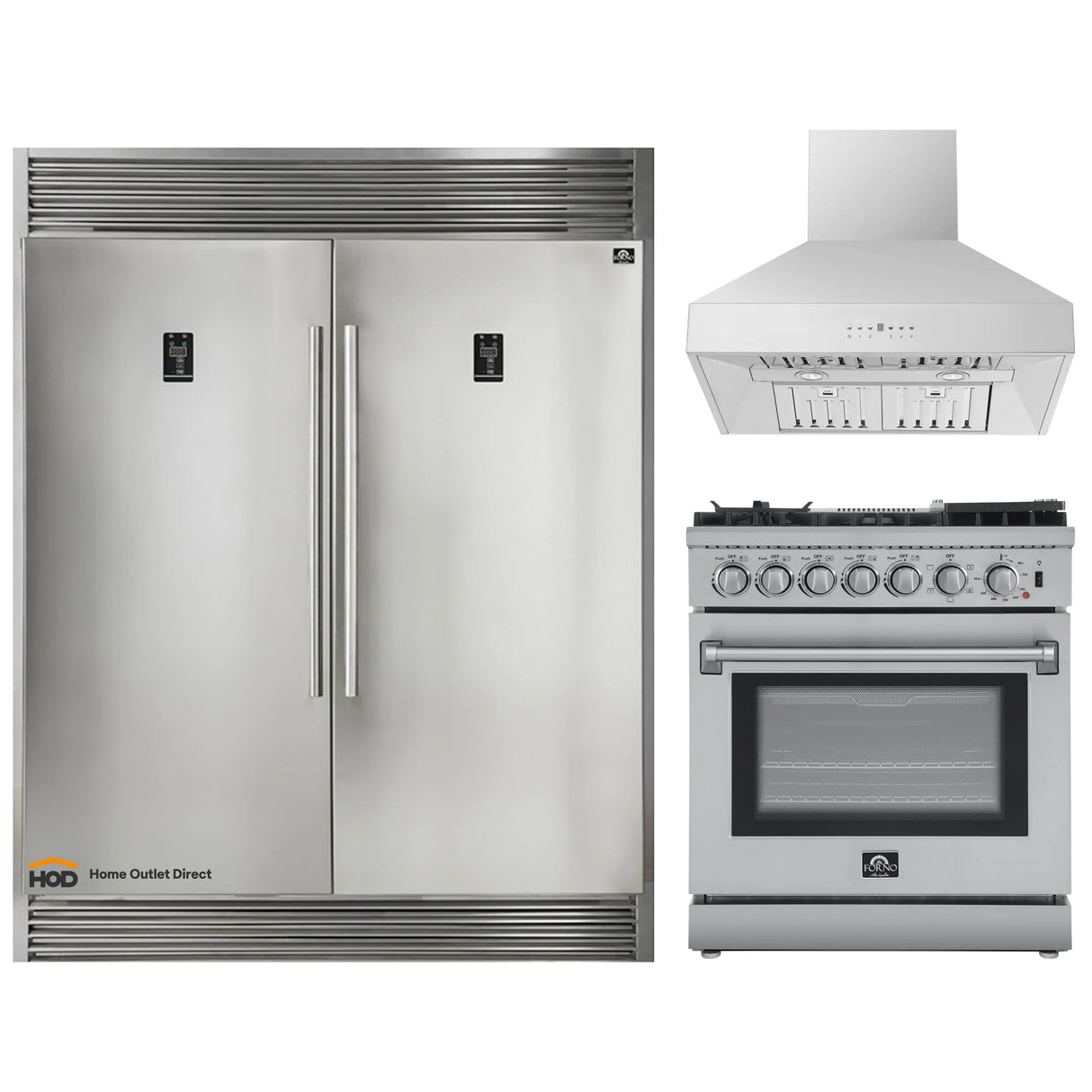 Forno 3-Piece Appliance Package - 30-Inch Dual Fuel Range with Air Fryer, 56-Inch Pro-Style Refrigerator & Wall Mount Hood in Stainless Steel